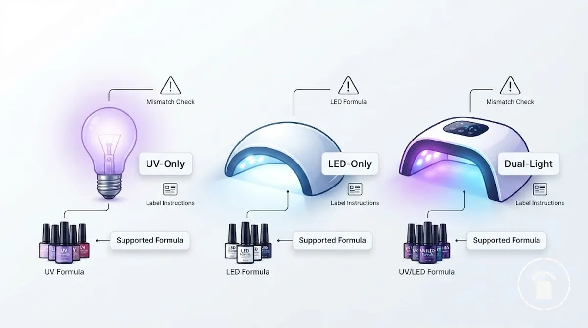 رسم مقارن يوضح فئات المصابيح أحادية UV وأحادية LED وثنائية الضوء مع إشارات توافق تركيبة الجل