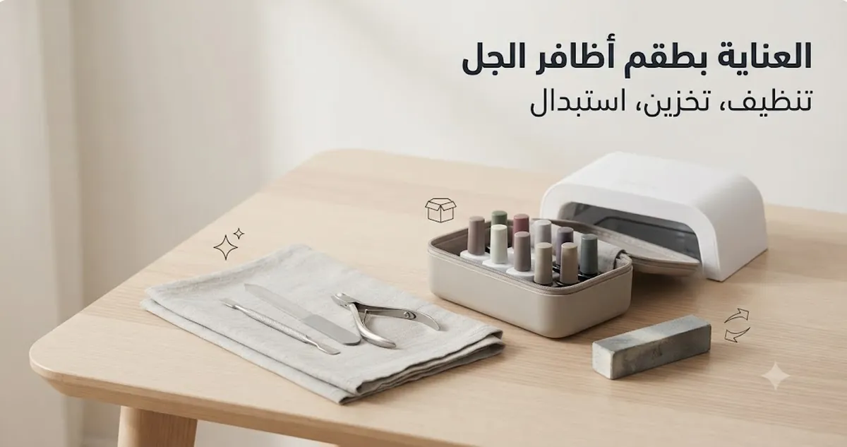 العناية بطقم أظافر جل مع أدوات نظيفة وعبوات طلاء مرتبة ومصباح وحقيبة تخزين