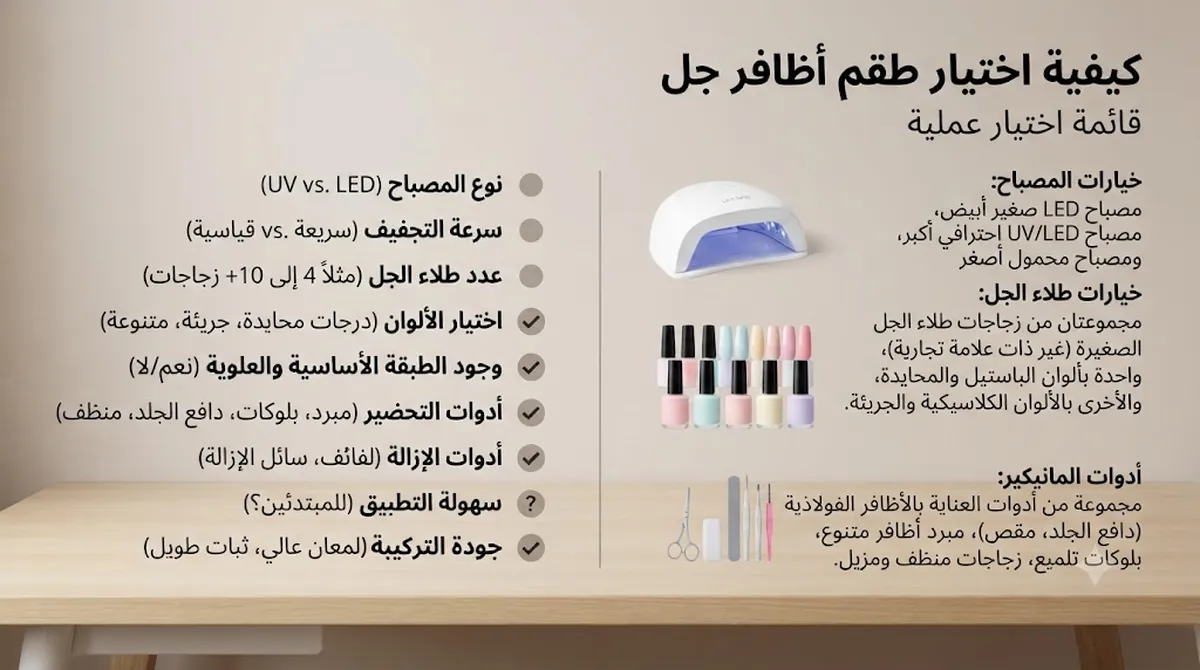 قائمة مقارنة لأطقم أظافر الجل بجانب خيارات مختلفة للمصباح والطلاء والأدوات