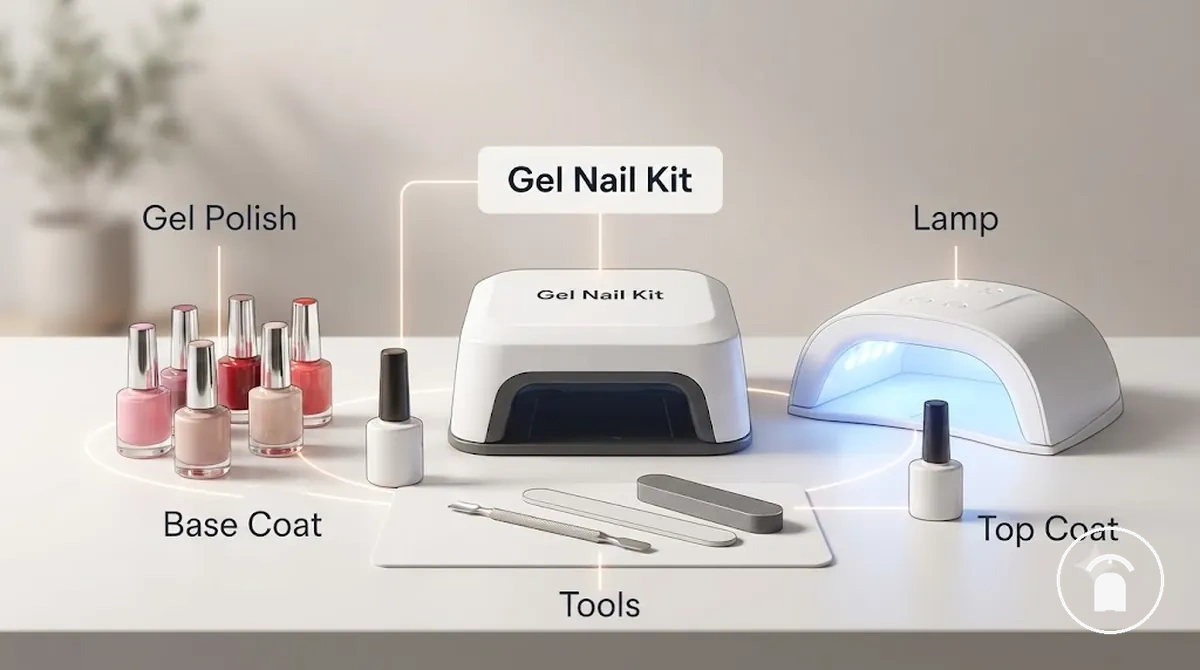 Gel-Nagel-Set-Komponenten einschließlich Lampe, Nagellack und Maniküre-Werkzeugen