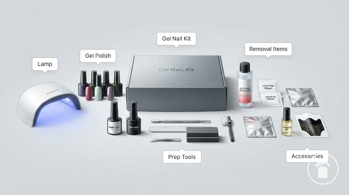 Komponenten eines Gel-Nagel-Sets, darunter Lampe, Gel-Lack, Base Coat, Top Coat, Vorbereitungswerkzeuge und Zubehör, nach Wert angeordnet
