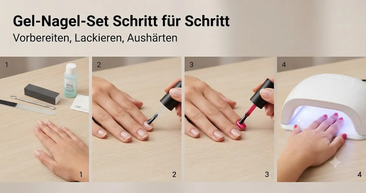 Schrittweise Anwendung eines Gel-Nagel-Sets mit Vorbereitungswerkzeugen, Lackschichten und Aushärtungslampe