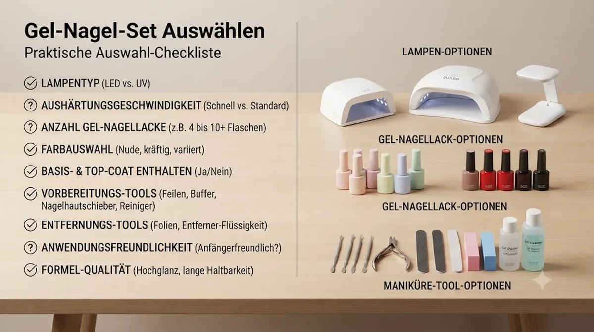 Vergleichs-Checkliste für Gel-Nagel-Sets neben verschiedenen Lampen, Lacken und Werkzeugen