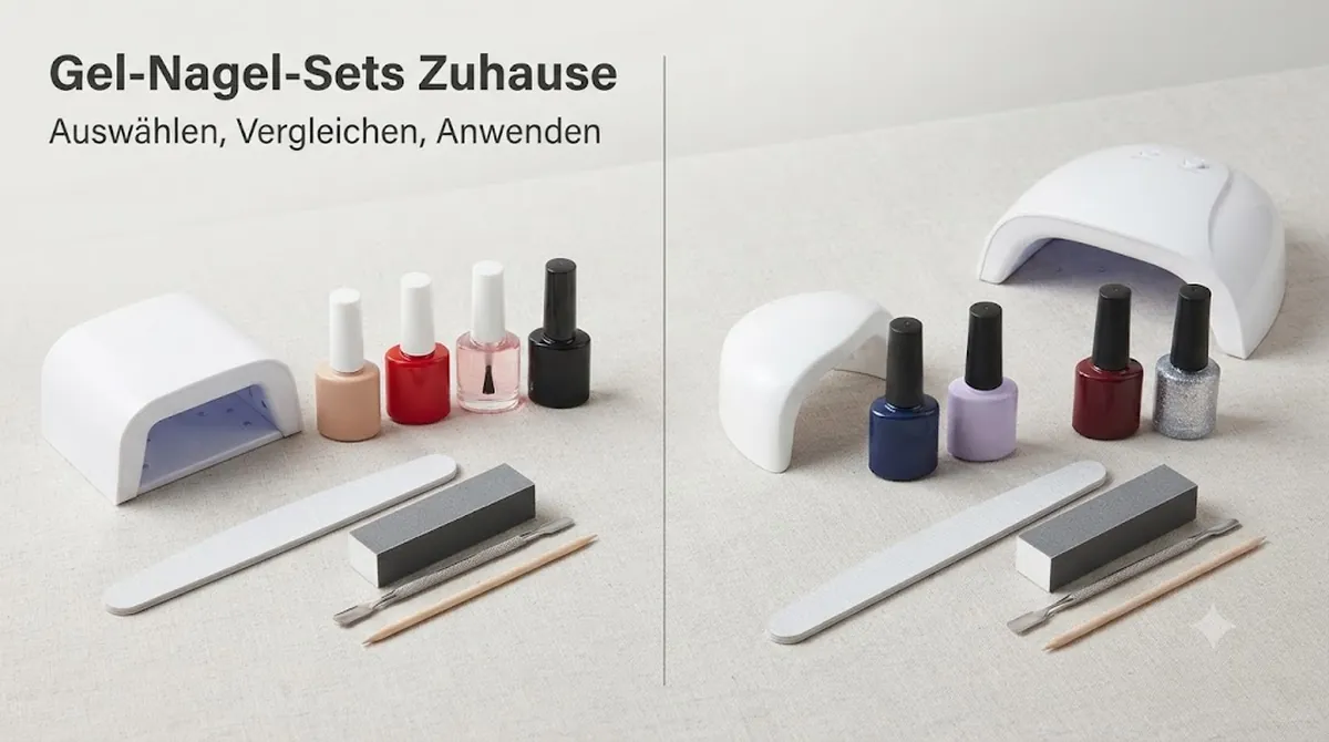 Gel-Nagel-Set für zu Hause mit Lampe, Gel-Nagellackflaschen und Maniküre-Werkzeugen zusammen angeordnet