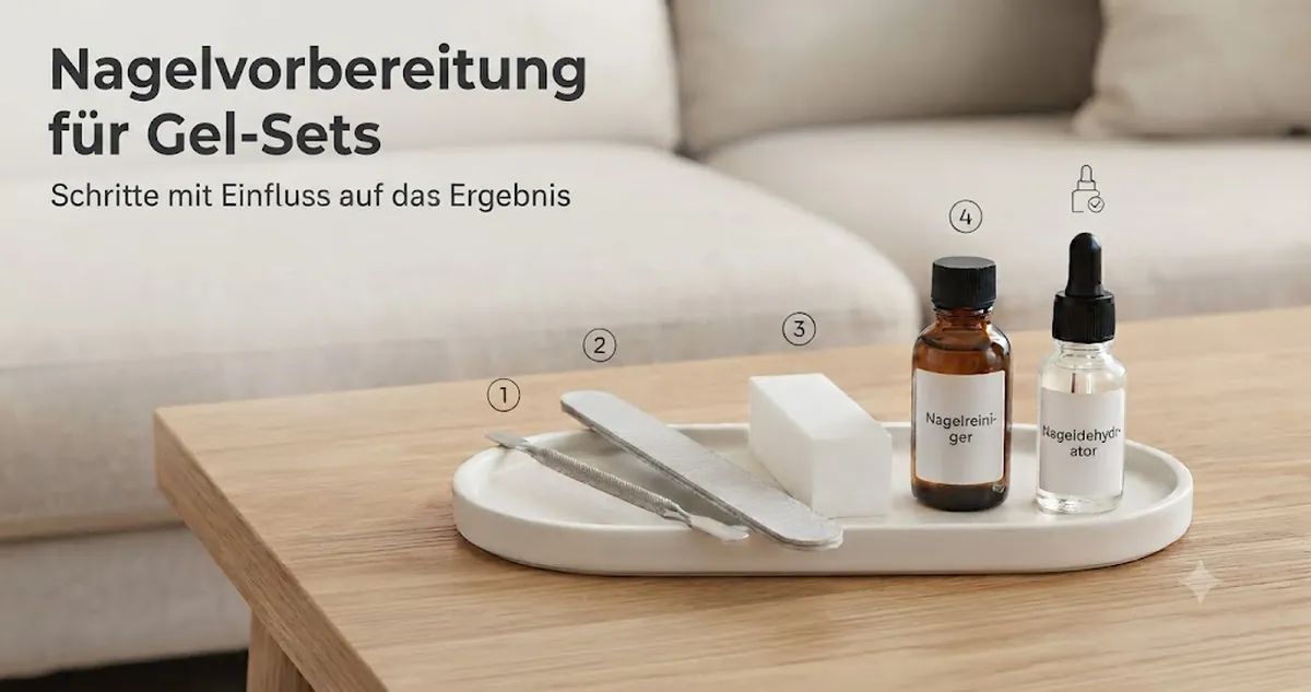 Werkzeuge zur Nagelvorbereitung für Gel-Nagel-Sets, darunter Buffer, Feile, Cleaner, Dehydrator und Nagelhautschieber