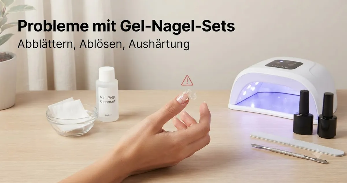 Probleme bei Gel-Nägeln mit abblätterndem Lack, Aushärtungslampe und Werkzeugen zur Nagelvorbereitung