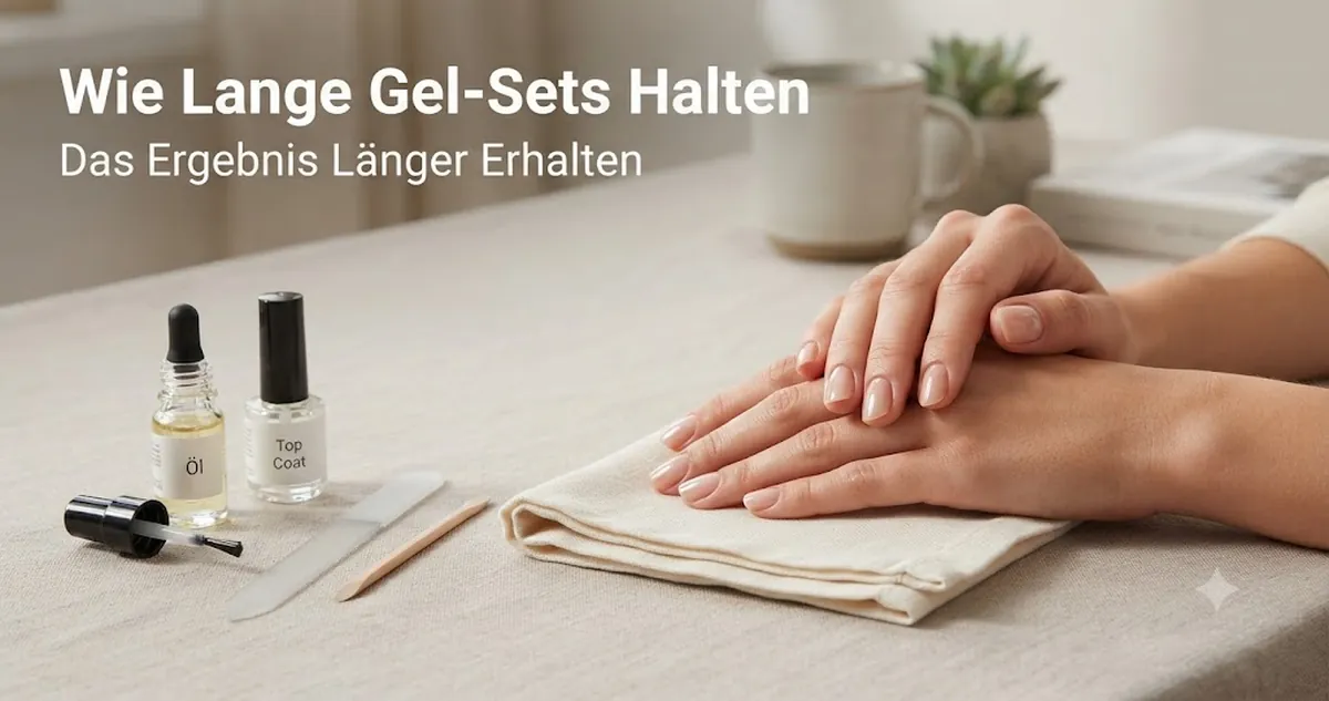 Langanhaltende Gel-Maniküre mit Nagelhautöl, Top Coat und Werkzeugen aus dem Gel-Nagel-Set in der Nähe