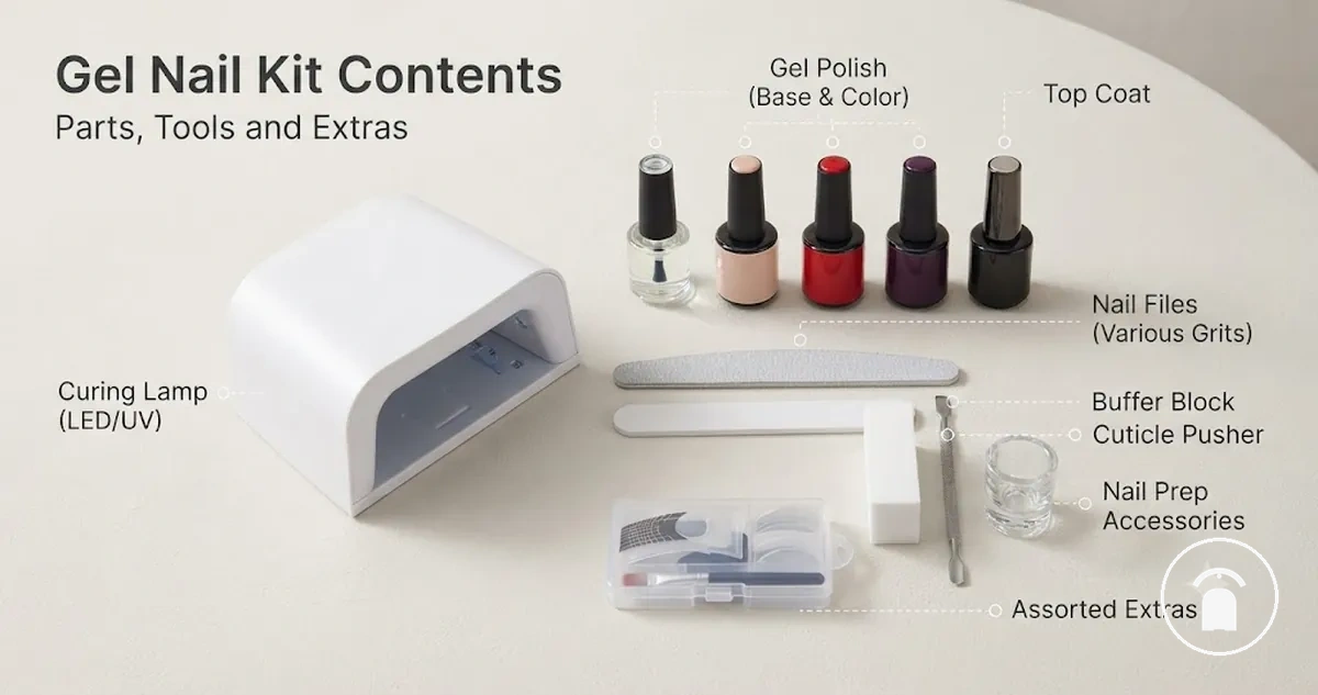 Open gel nail kit showing a curing lamp, polish bottles, nail files, buffers, and prep accessories