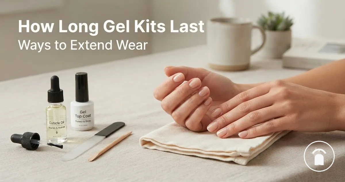 Long-lasting gel nail manicure with cuticle oil, top coat, and gel nail kit tools nearby
