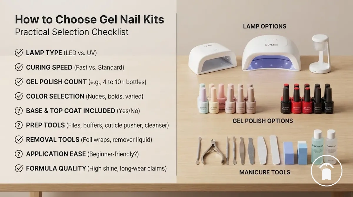 Gel nail kit comparison checklist beside different lamp, polish, and tool options