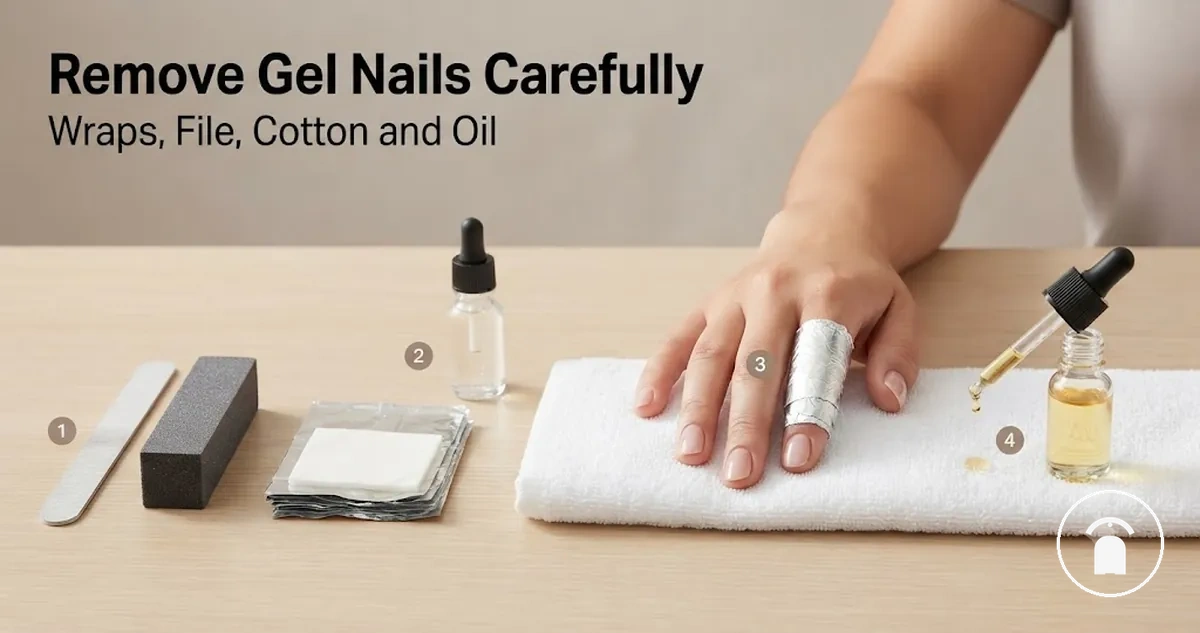 Gel nail removal setup with remover wraps, nail file, cotton pads, and cuticle oil