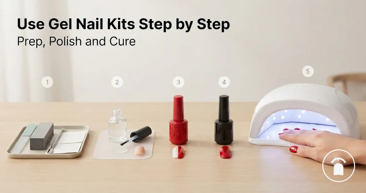 Step-by-step gel nail kit application with prep tools, polish layers, and curing lamp