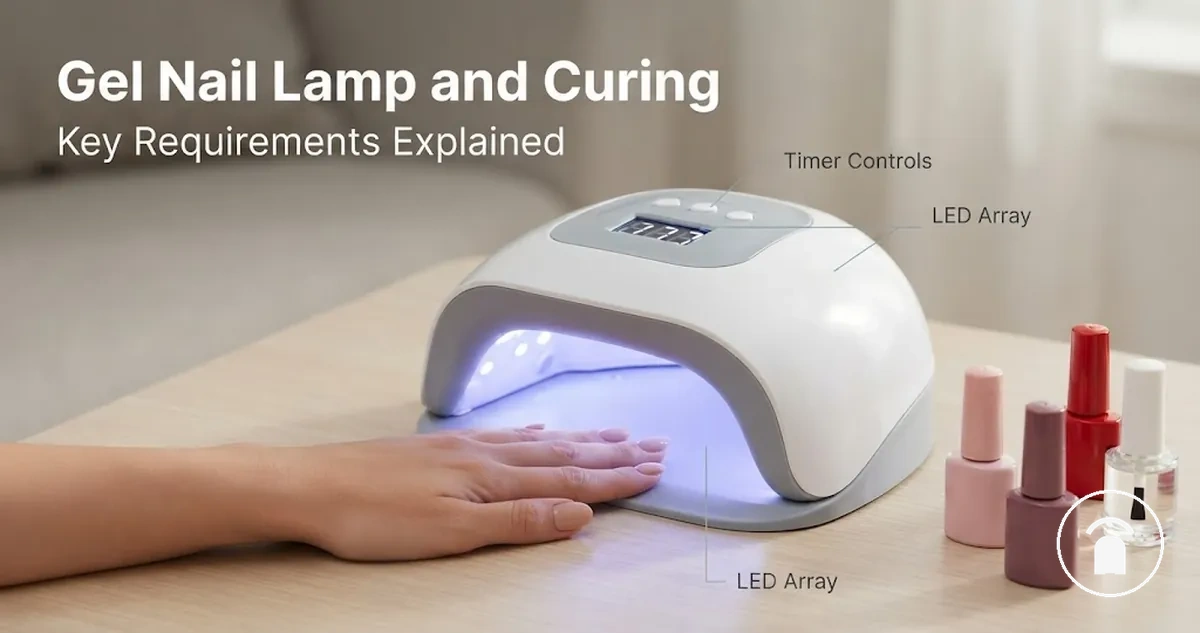 Gel nail curing lamp with gel polish bottles and a hand positioned for curing