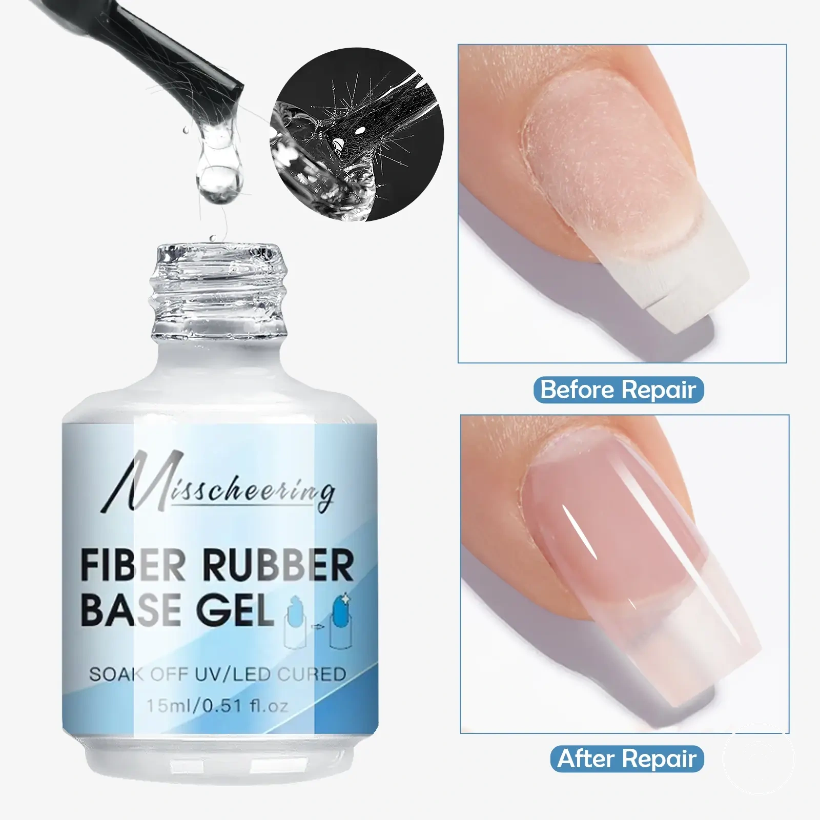 Clear fiber rubber base gel for broken nail repair and soak-off UV LED manicures