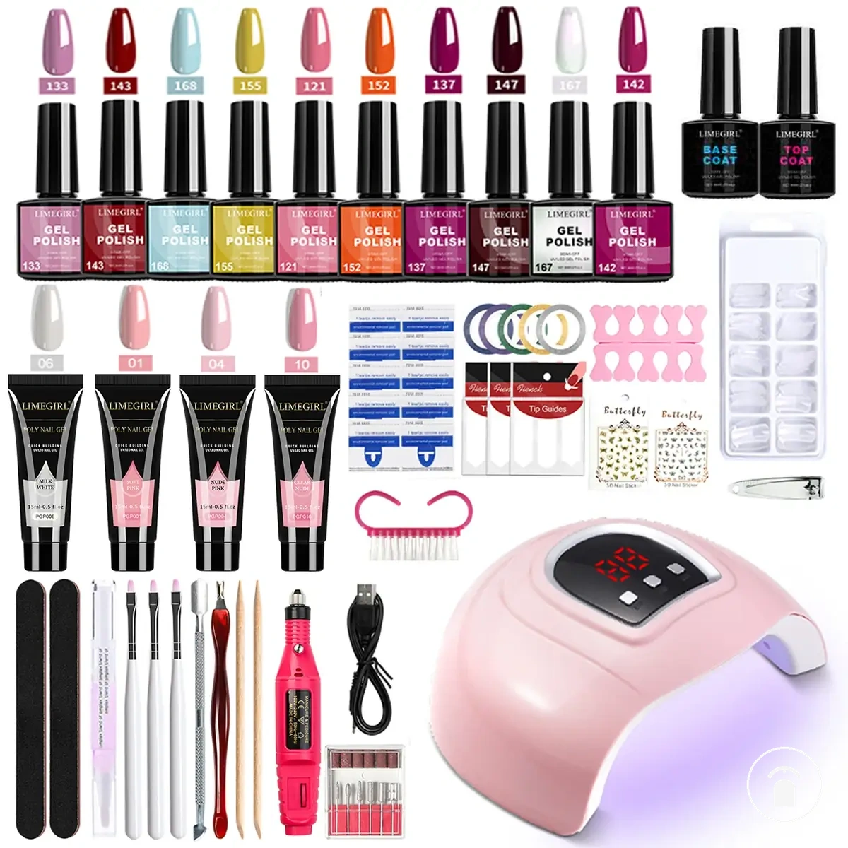 Gel nail kit with UV nail lamp, electric nail drill, base coat, top coat, and tools