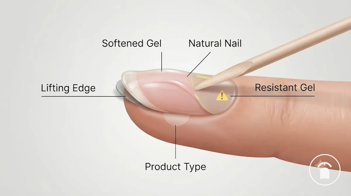Annotated gel polish removal readiness showing lifted gel edge softened gel and intact natural nail area