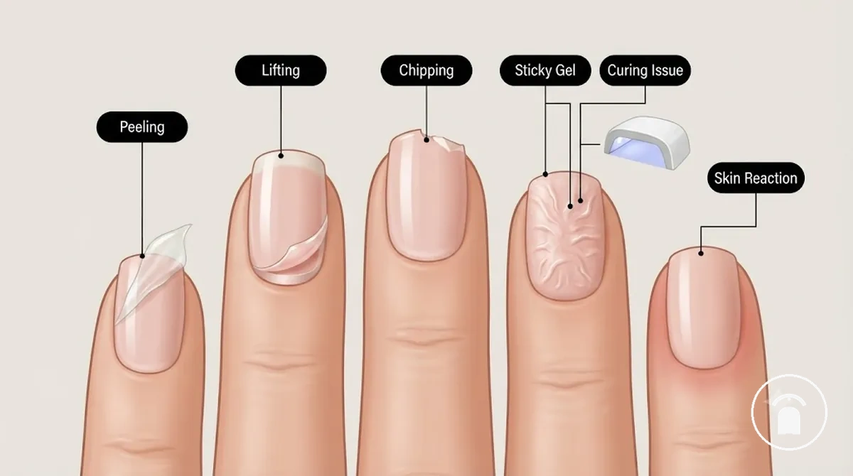 Gel nail kit problems showing lifted polish, a damaged edge, and gel curing under a lamp