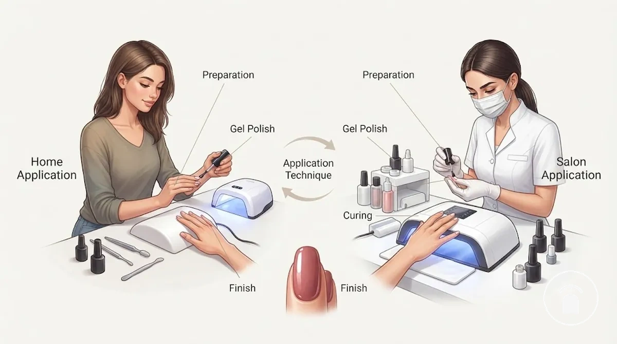 Comparison of home gel nail application process and professional salon gel manicure finish