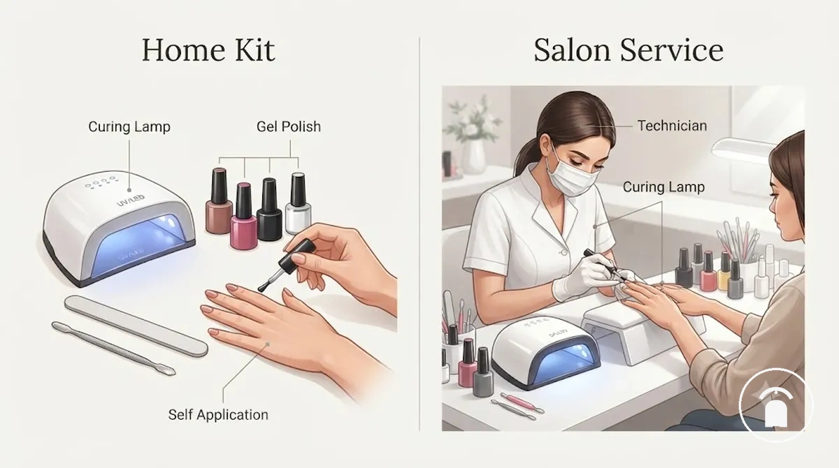 Home gel nail kit components compared with a salon gel manicure setup