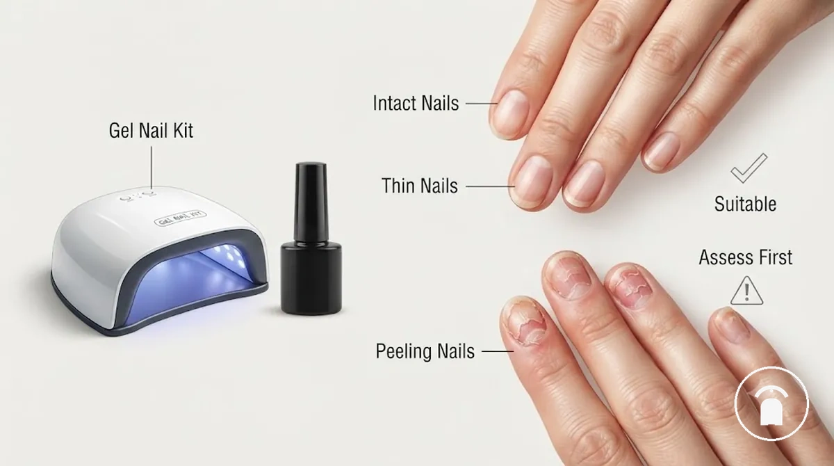 Gel nail kit beside weak natural nails being checked before gel polish application