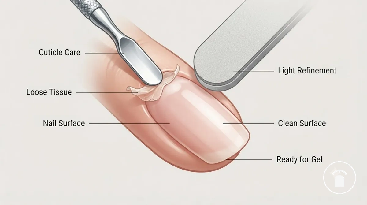 Cuticle care and nail surface refinement before gel application