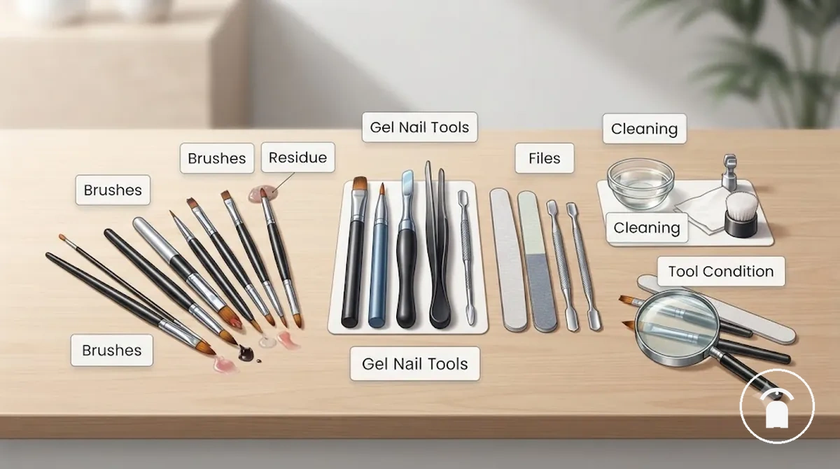 Gel nail tools, brushes, files, and accessories arranged with cleaning supplies for maintenance