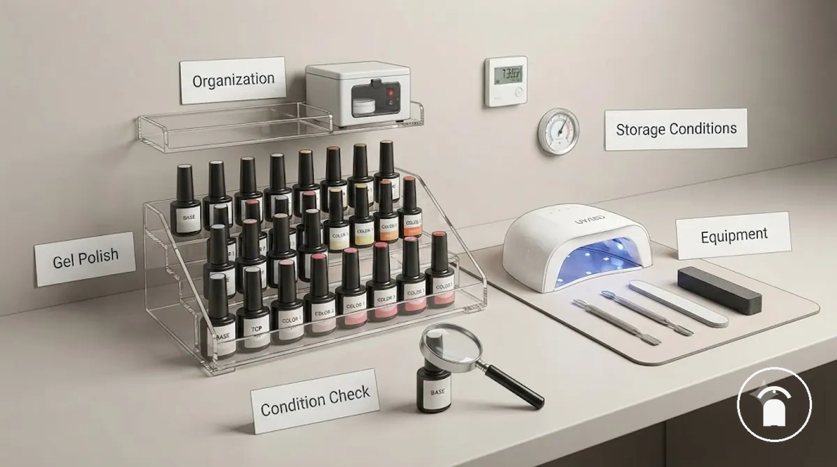 Organized gel polish containers, nail kit equipment, and accessories stored in a clean maintenance setting