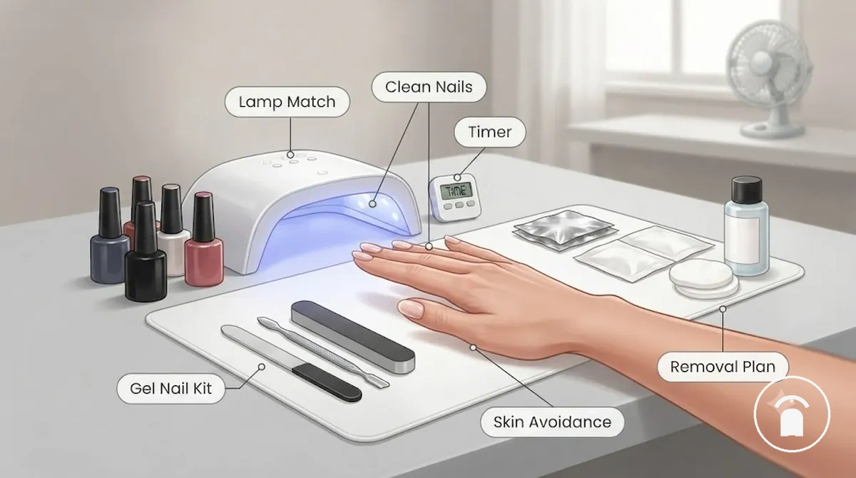 Safe enough at-home gel nail kit setup showing clean nails, lamp, timer, and gel kept off skin