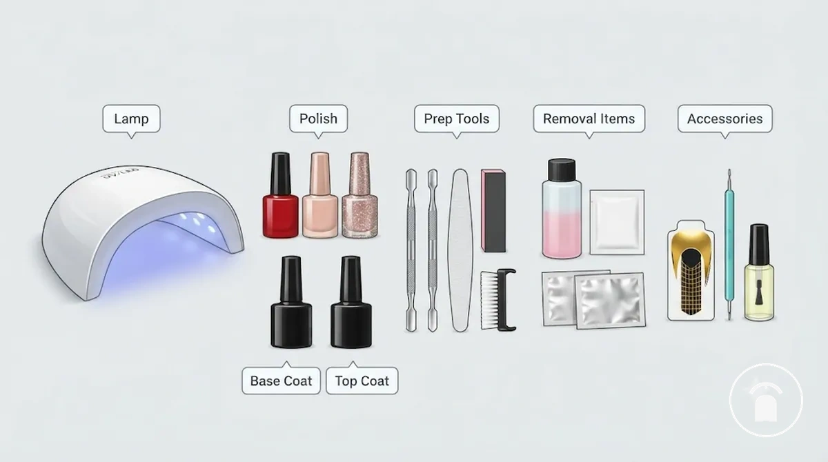 Gel nail kit components including lamp polish coats tools and accessories labelled by value effect
