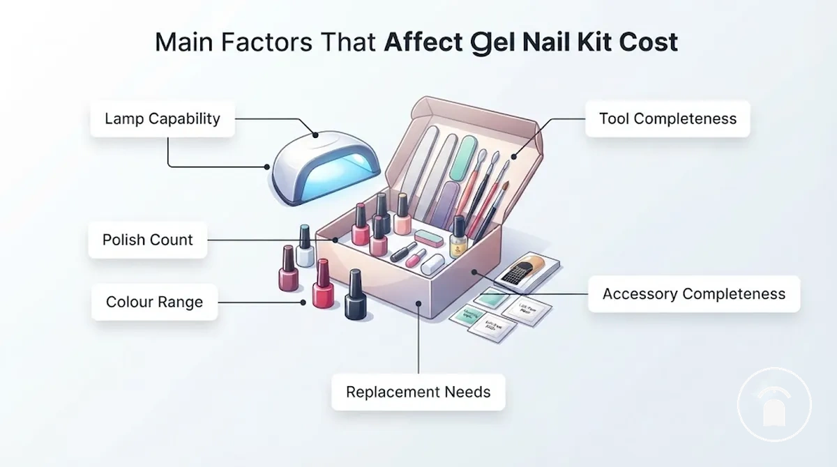 Diagram showing gel nail kit cost factors including lamp polish tools accessories and replacement considerations