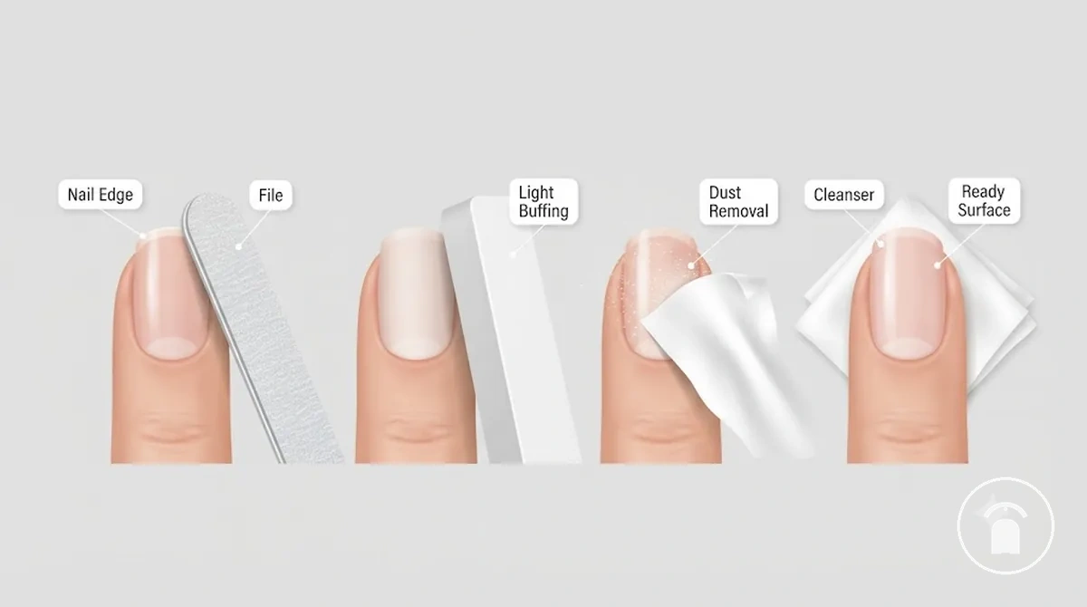 Nail file shaping the nail edge, buffer removing surface shine, cleanser wipe removing dust, and a clean nail surface ready for gel polish