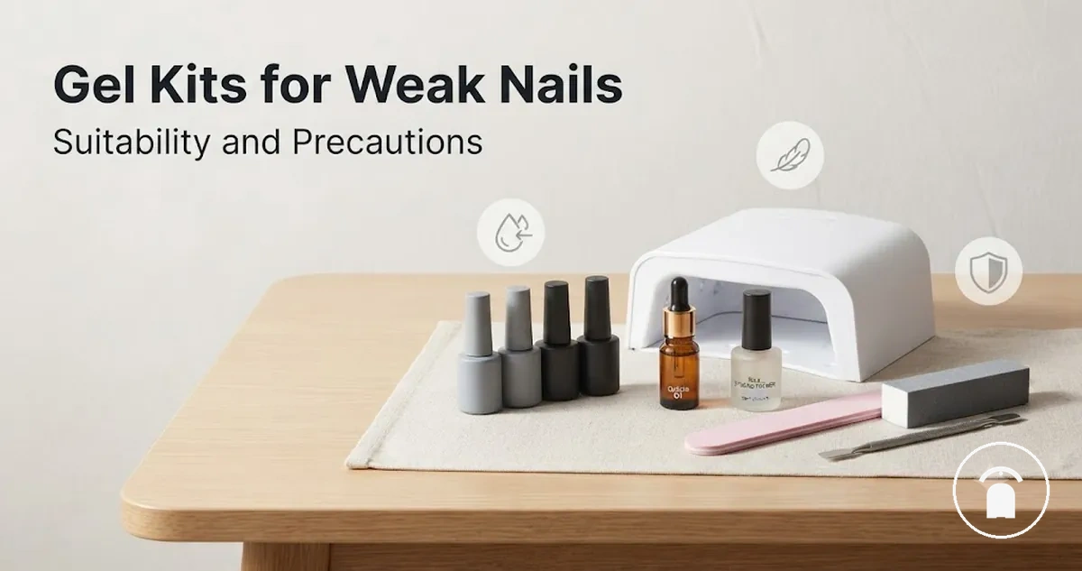 Gentle gel nail kit setup with cuticle oil, nail strengthener, soft file, and gel polish