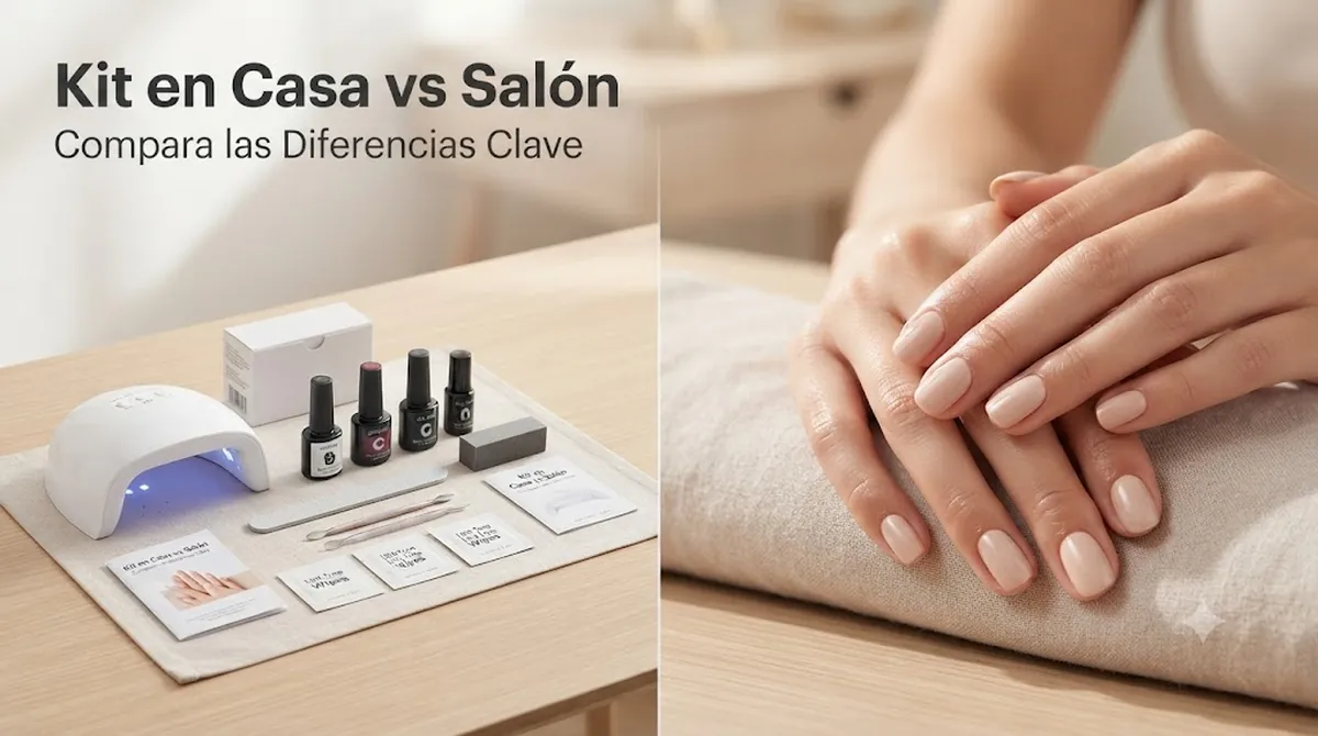 Kit de uñas de gel para casa junto a una manicura de gel terminada con acabado de salón