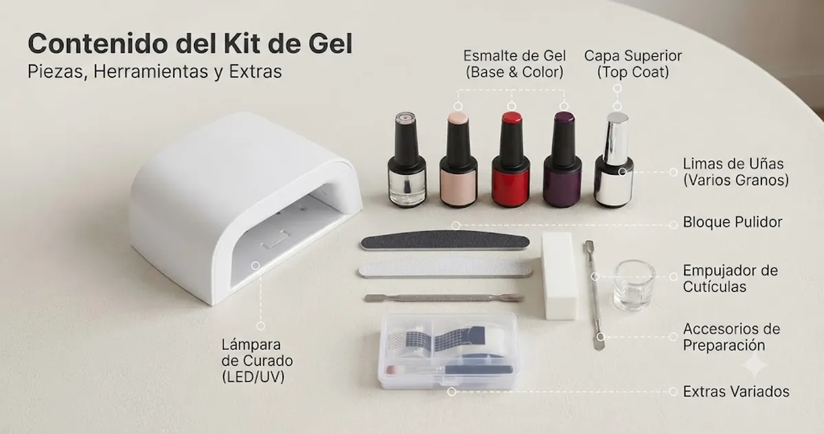 Kit de uñas de gel abierto con lámpara de curado, esmaltes, limas, pulidores y accesorios de preparación