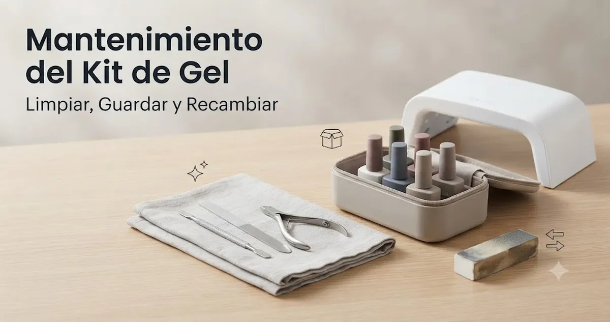 Mantenimiento de un kit de uñas de gel con herramientas limpias, esmaltes ordenados, lámpara y estuche