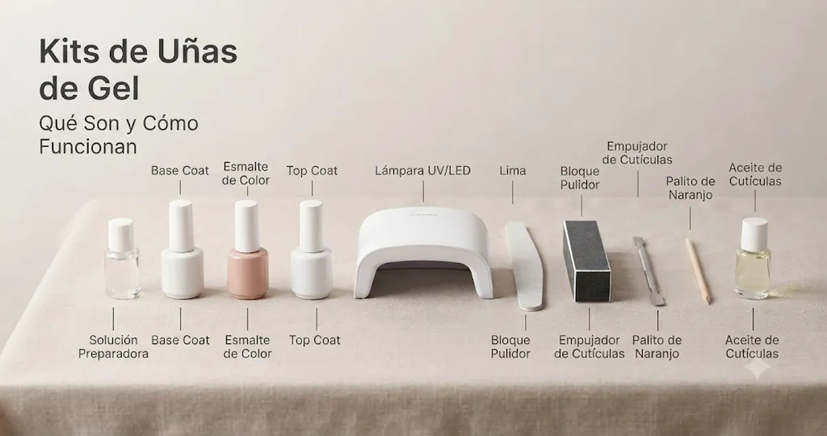 Partes de un kit de uñas de gel con esmalte, lámpara, base, top coat y herramientas de preparación
