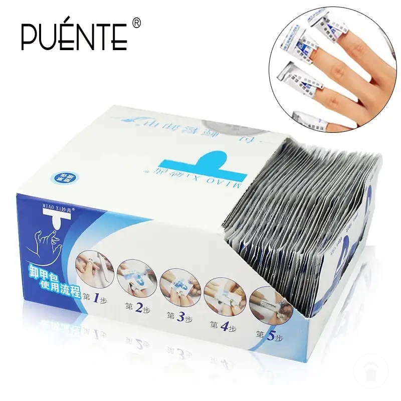 Caja de toallitas húmedas removedoras de esmalte de gel y envoltorios de aluminio para retirada en un paso