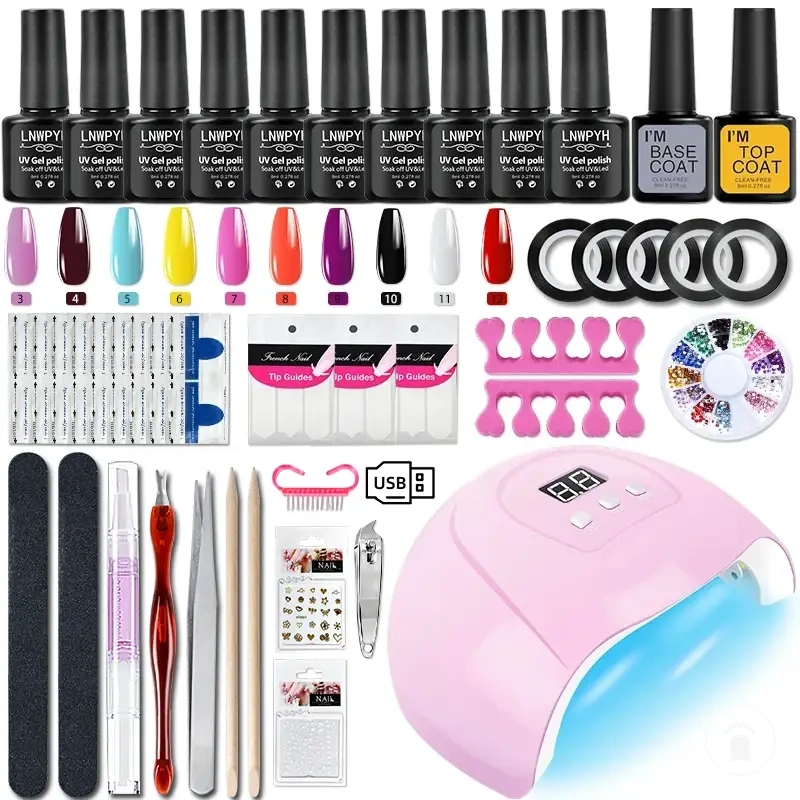 Kit de barniz de gel con lámpara de uñas, esmalte de gel soak-off, base, top coat y herramientas