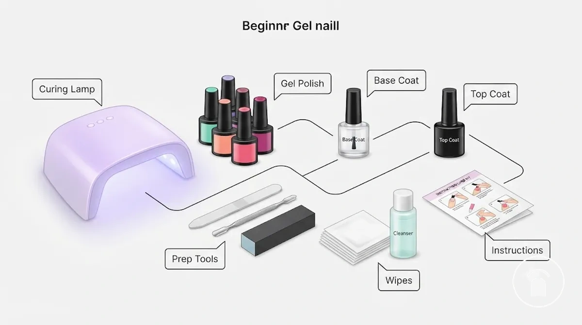 Contenido de un kit inicial de uñas de gel con lámpara, esmalte, herramientas de preparación y artículos de retirada