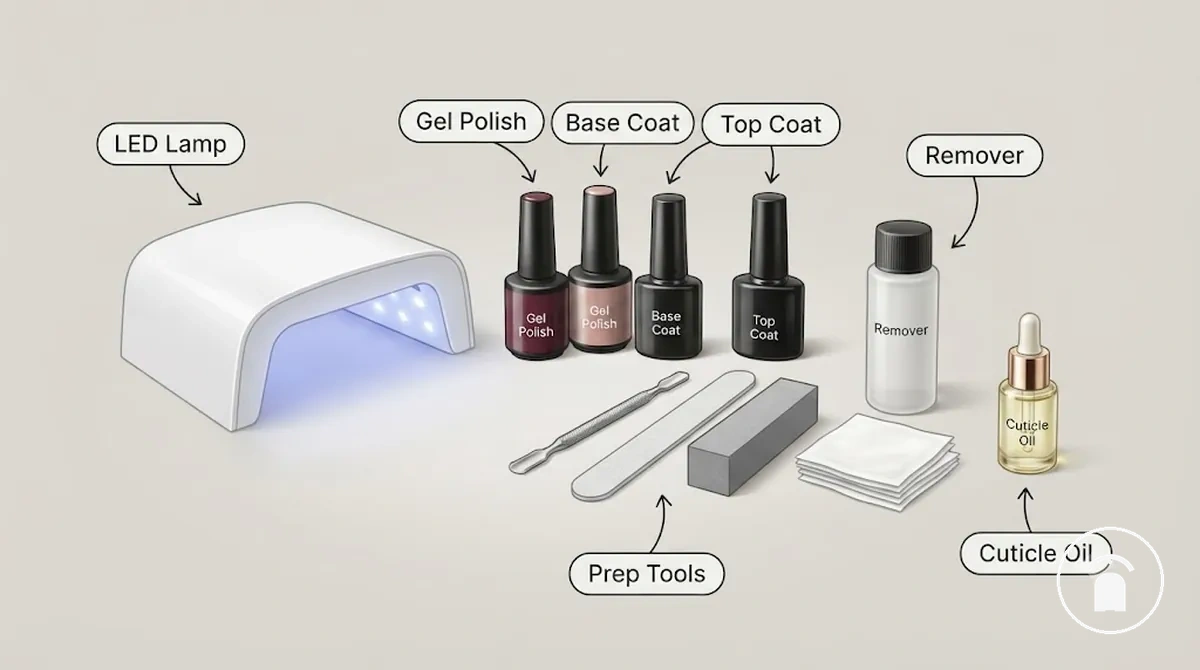 Kit de uñas de gel que muestra componentes incluidos como lámpara LED, esmalte de gel, capa base, capa superior y herramientas de preparación