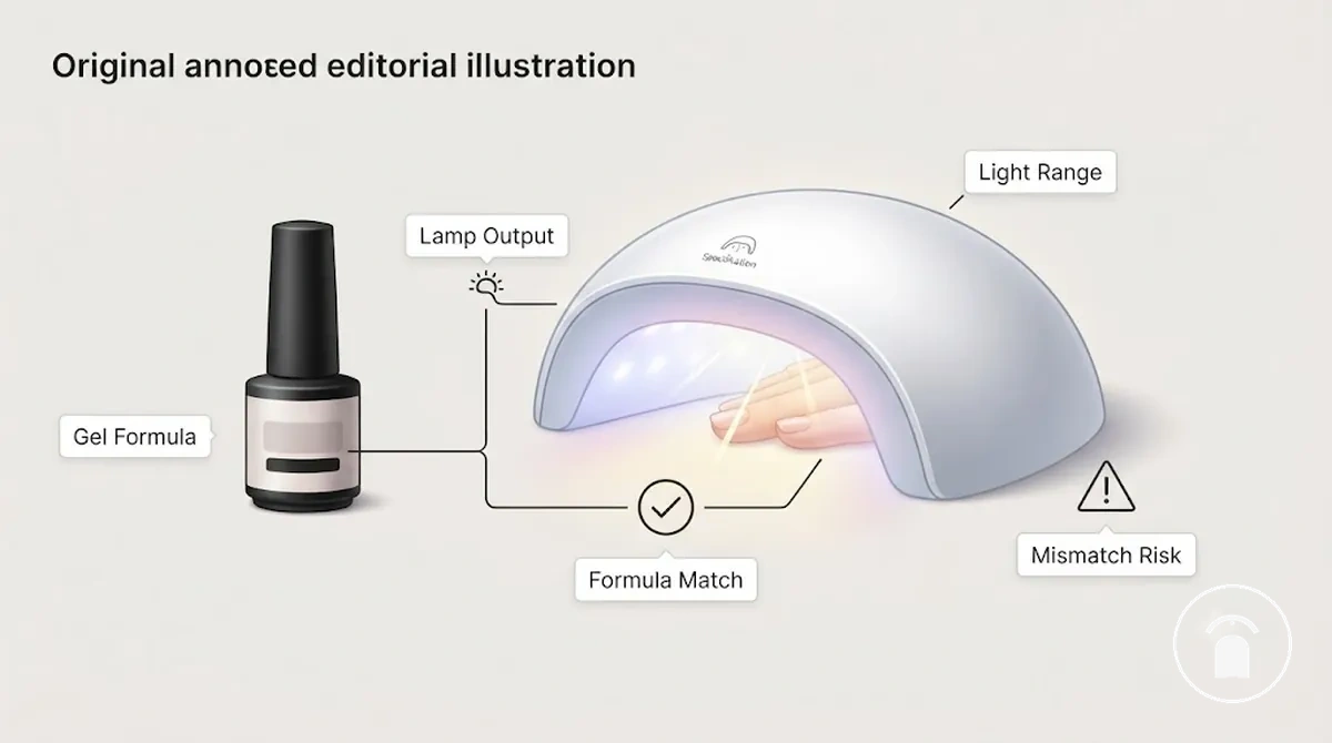 Etiqueta de esmalte de gel e indicador de salida de lámpara que muestran el rango de longitud de onda y comprobaciones de compatibilidad con la fórmula de gel