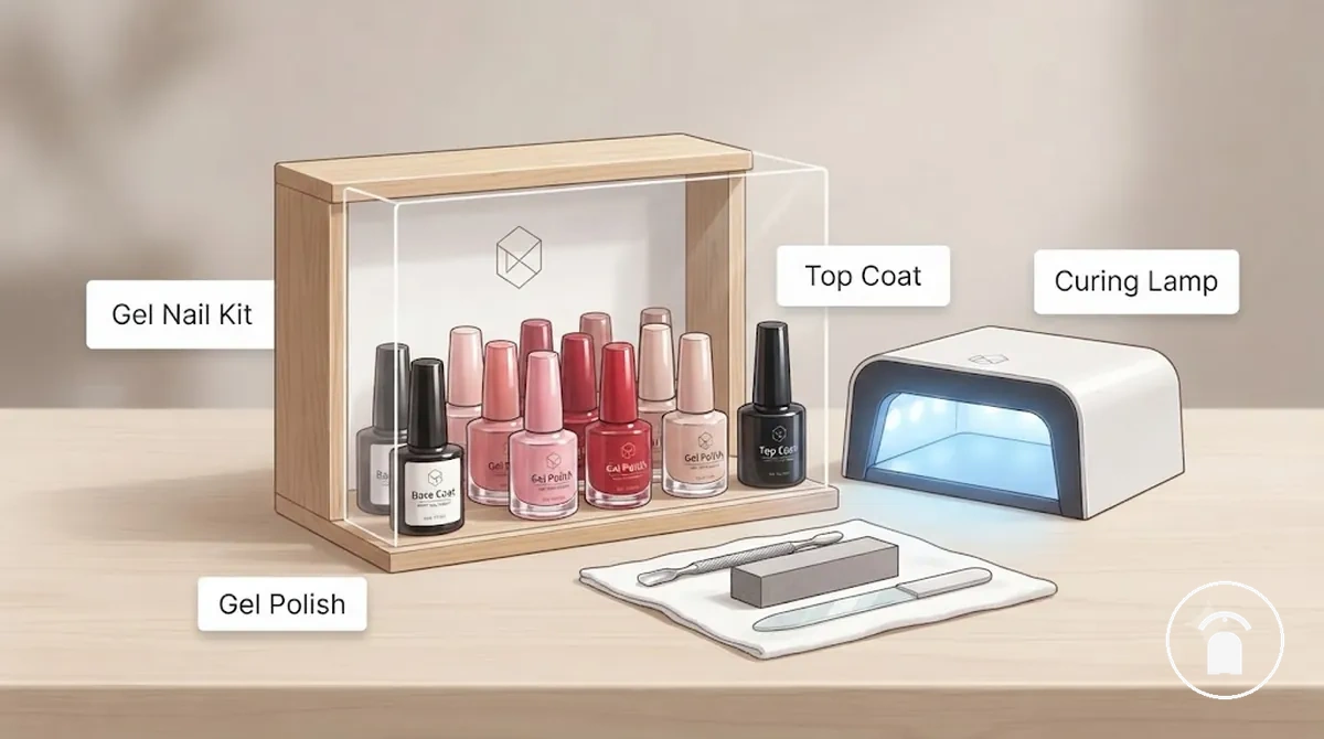 Composants d’un kit d’ongles en gel montrant le vernis, la lampe, la couche de base et la couche de finition