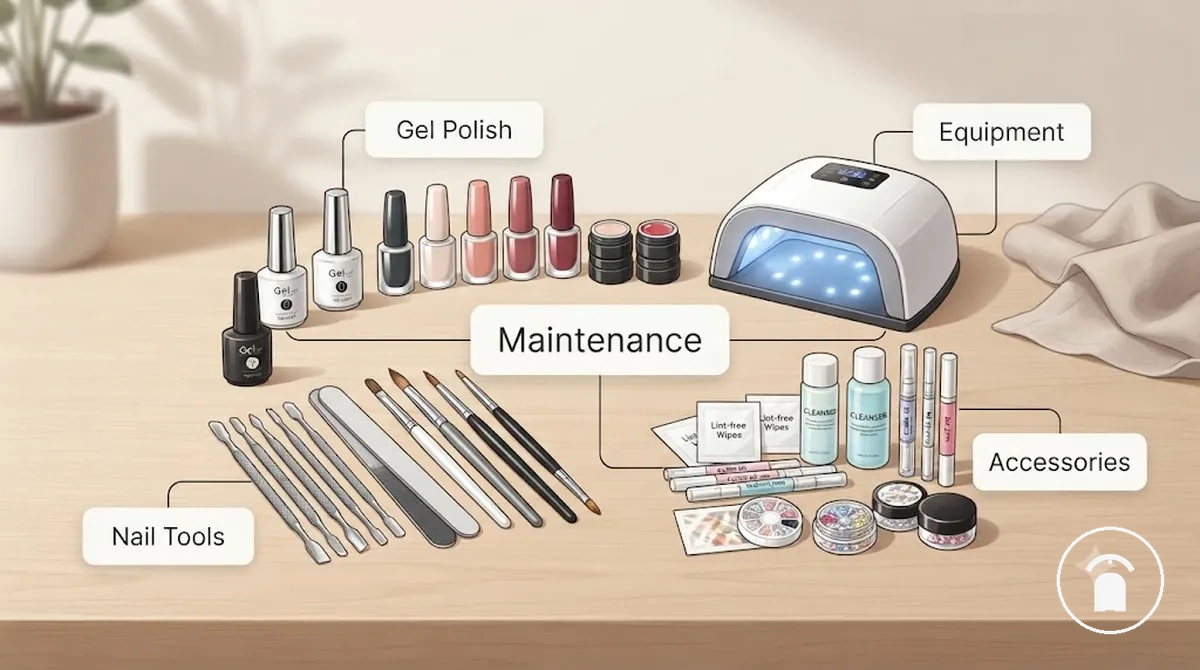Composants organisés d’un kit d’ongles en gel avec outils nettoyés, flacons de vernis gel, accessoires et équipement prêts pour l’entretien
