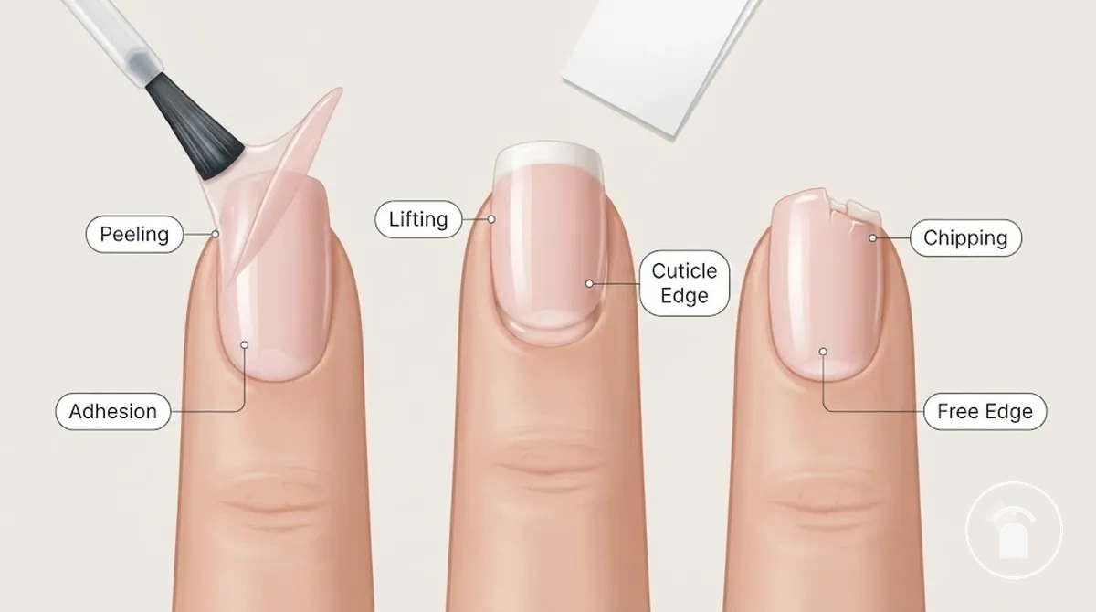 Exemples de décollement, soulèvement et écaillage du vernis en gel sur des ongles recouverts de gel