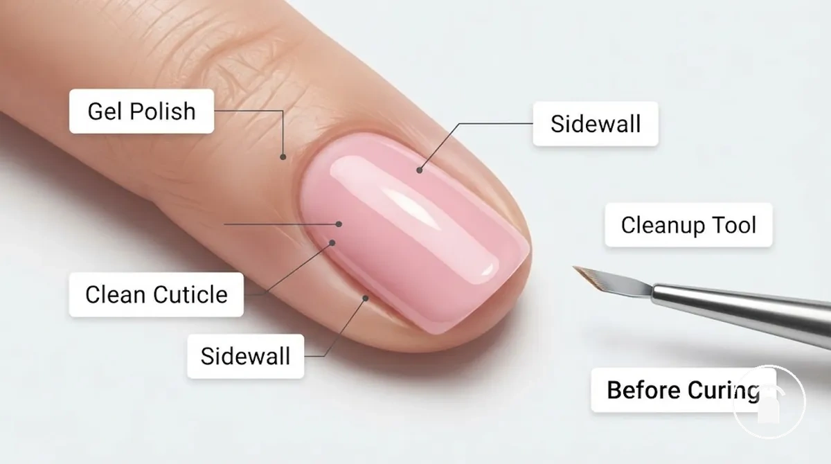 Ongle annoté montrant du vernis gel non catalysé maintenu hors des cuticules et des parois latérales avant catalysation