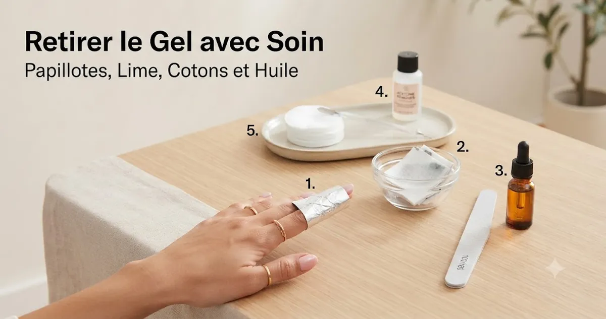 Retrait d’ongles en gel avec papillotes dissolvantes, lime, cotons et huile pour cuticules