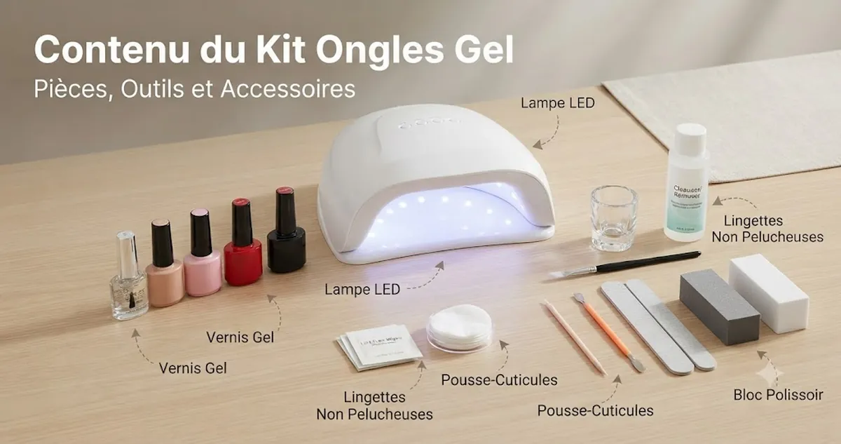 Kit d’ongles en gel ouvert avec lampe de catalysation, vernis, limes, blocs polissoirs et accessoires de préparation