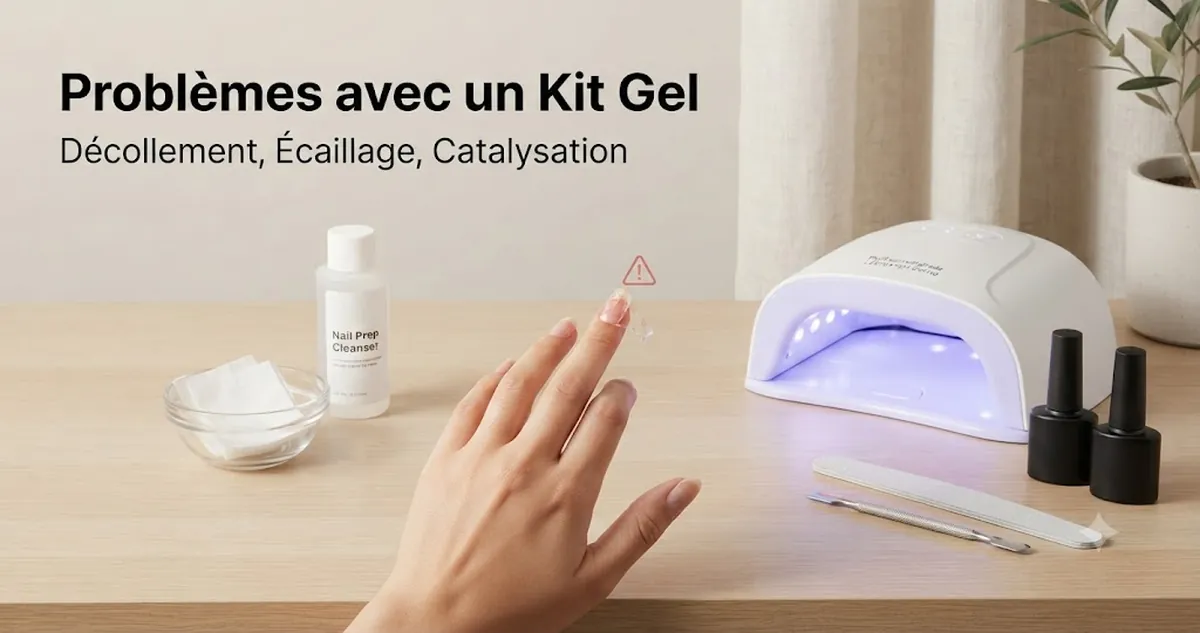 Problèmes d’ongles en gel avec vernis qui se décolle, lampe de catalysation et outils de préparation