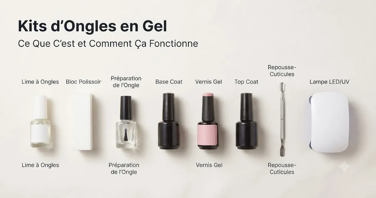 Parties d’un kit d’ongles en gel avec vernis, lampe, base coat, top coat et outils de préparation des ongles