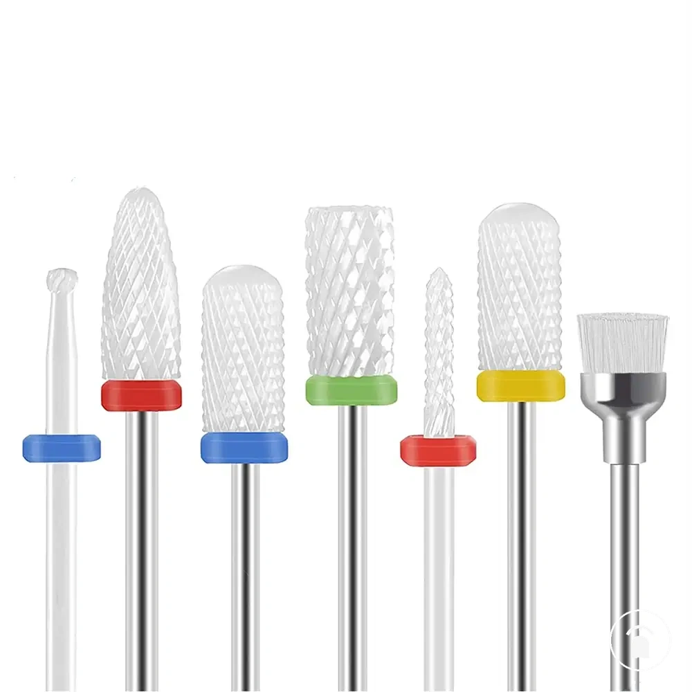 Kit com sete brocas cerâmicas para polimento e remoção de gel em manicure
